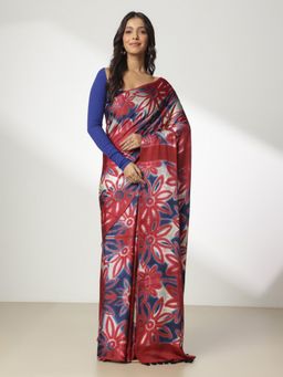 Navyasa By Liva - Blue Pink Liva Satin Geometric Print Saree with Unstitched Blouse