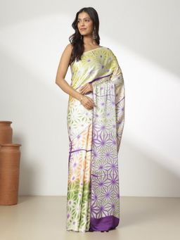 Navyasa By Liva - Yellow Purple Liva Satin Geometric Print Saree with Unstitched Blouse