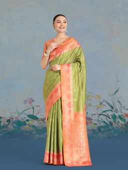 Monjolika Fashion - Green Color Weaving Banarasi Tissue Silk Classic Saree with Unstitched Blouse