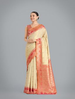 Monjolika Fashion - Cream Color Weaving Banarasi Tissue Silk Classic Saree with Unstitched Blouse