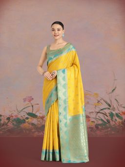 Monjolika Fashion - Yellow Color Weaving Banarasi Tissue Silk Classic Saree with Unstitched Blouse
