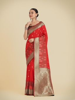 Monjolika Fashion - Red Color Banarasi Soft Silk Trendy Saree with Unstitched Blouse