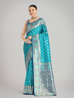 Monjolika Fashion - Turquoise Blue Color Weaving Banarasi Traditional Saree with Unstitched Blouse