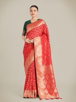 Monjolika Fashion - Red Color Banarasi Silk Wedding Collection Saree with Unstitched Blouse