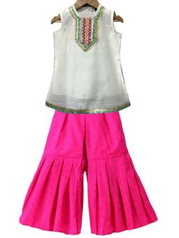 TWISHA - White Woven Sleeveless Embellished Top with Palazzo