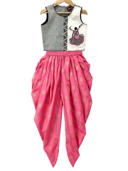 TWISHA - Woven Cotton Sleeveless Placement Embroidered Top with Dhoti Pant