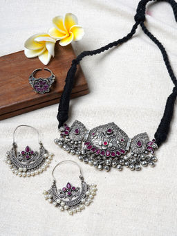 Teejh - Harpita Silver Oxidised Red Jewellery Gift Set