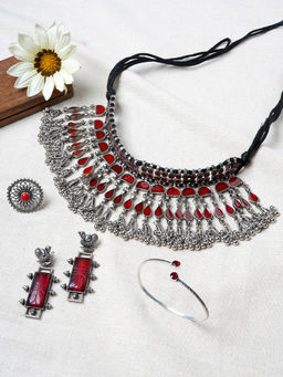 Teejh - Bela Red Stone Silver Oxidised Jewellery Gift Set