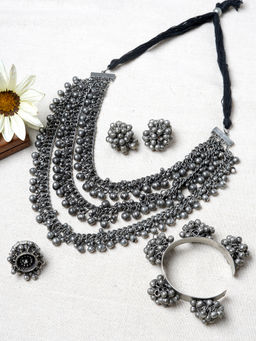 Teejh - Kimi Ghungroo Silver Oxidised Necklace Set