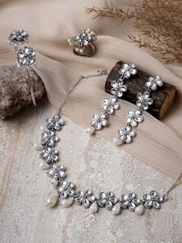 Teejh - Ankushi Polka Stone Silver Oxidised Jewellery Gift Set