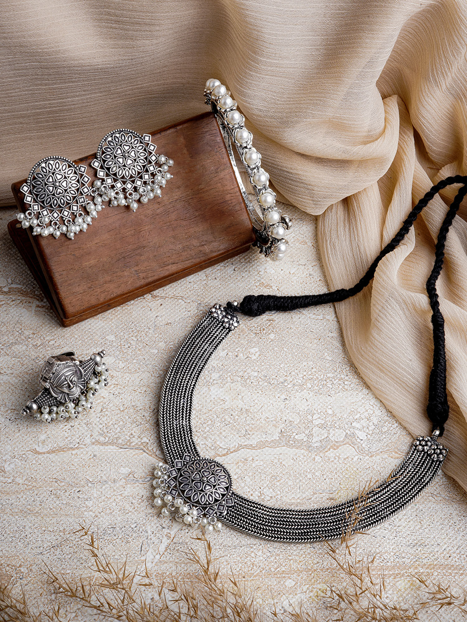 Buy Teejh White Stone Lavika Silver Oxidised Jewellery Gift Set Online