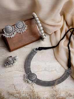 Teejh - White Stone Lavika Silver Oxidised Jewellery Gift Set