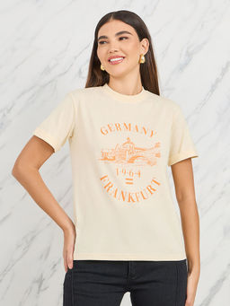 Styli - Women Cream Germany Frankfurt Slogan Print Regular Fit Cotton T-Shirt