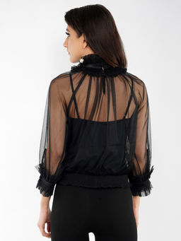 Attic Salt - Mesh Black-Ish Ruffles Bodice Top