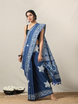 Okhai - 'Generous' Hand Block Printed Mirror Work Pure Cotton Saree With Unstitched Blouse