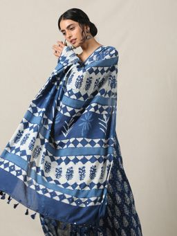 Okhai - 'Charisma' Hand Block Printed Mirror Work Pure Cotton Saree With Unstitched Blouse