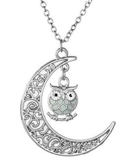 Peora - Silver Plated Cute Moon Owl Fashion Glow in The Dark Night Wear Pendant Necklace-PX9P32