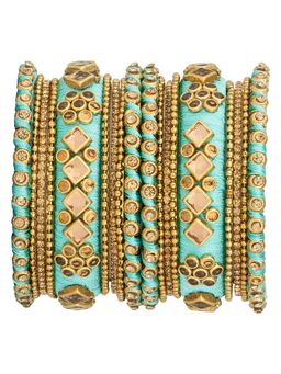 Peora - Traditional Wedding Silk Thread Kundan Chuda Set Jewellery - Green-Pack of 2