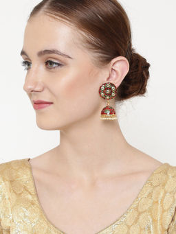 PANASH - Red & Gold-Toned Kundan Meenakari Dome Shaped Jhumkas