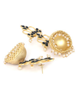 PANASH - Gold -Plated & Black Stoned-Studded Handcrafted Floral Shaped Jhumkas