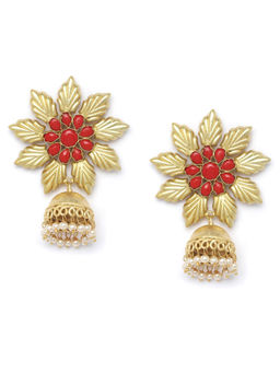 PANASH - Gold-Plated & Red Stoned-Studded Handcrafted Contemporary Jhumkas