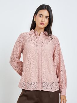 Styli - Women Pink Self Design Long Sleeves Shirt