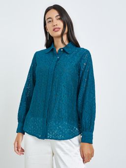 Styli - Women Teal Self Design Long Sleeves Shirt