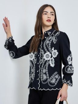 Styli - Women Black Embroidered Long Sleeves Shirt