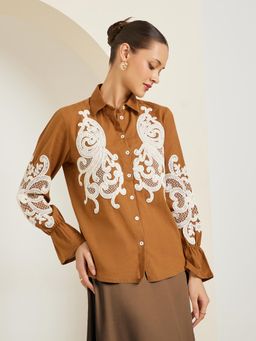 Styli - Women Tan Embroidered Long Sleeves Shirt