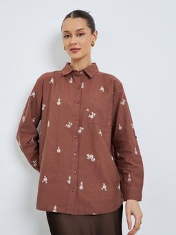 Styli - Women Brown Floral Embroidered Long Sleeves Shirt