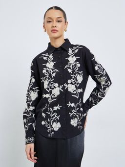 Styli - Women Black Floral Embroidered Shirt