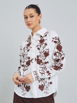 Styli - Women Off White Floral Embroidered Shirt