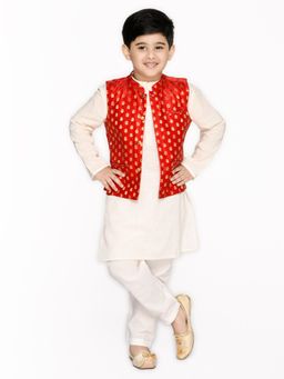 SAKA DESIGNS - Boys Red Cotton Kurta and Pyjama with Jacket (Set of 3)
