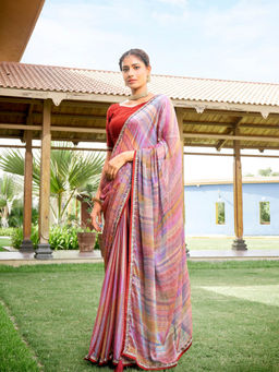 Odette - Multi-Color Stripes Printed Chiffon Saree with Unstitched Blouse (Set of 2)
