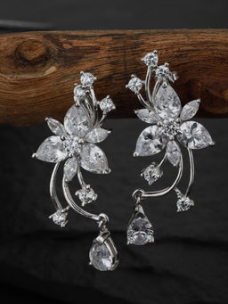 Carlton London - Silver-Toned Rhodium-Plated CZ Stone-Studded Floral Drop Earrings-FJE1750