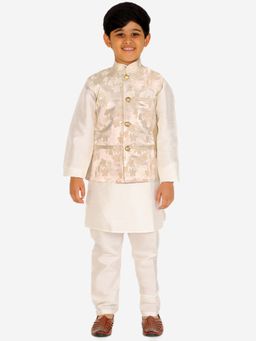 Pro Ethic Style Developer - Cream Silk Kurta Pajama Set With Floral Design Waistcoat