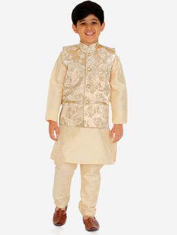 Pro Ethic Style Developer - Gold Silk Kurta Pajama Set With Floral Design Waistcoat