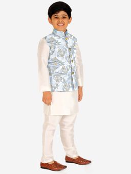 Pro Ethic Style Developer - Blue Silk Kurta Pajama Set With Floral Design Waistcoat
