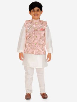 Pro Ethic Style Developer - Peach Silk Kurta Pajama Set With Floral Design Waistcoat