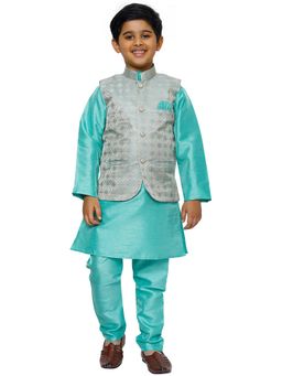 Pro Ethic Style Developer - Turquoise Sik Kurta Pyjama Set With Waistcoat