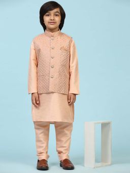 Pro Ethic Style Developer - Peach Jacquard Silk Kurta Pajama Set with Waistcoat