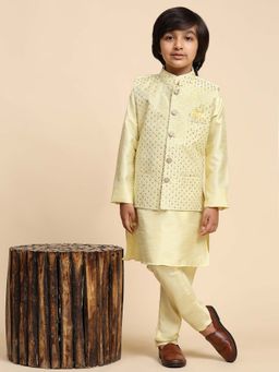 Pro Ethic Style Developer - Yellow Jacquard Silk Kurta Pajama Set with Waistcoat
