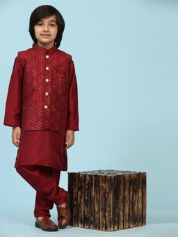 Pro Ethic Style Developer - Maroon Traditional Boys Silk Kurta Pajama with Waistcoat