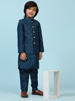 Pro Ethic Style Developer - Navy Blue Traditional Boys Silk Kurta Pajama with Waistcoat