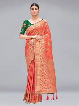 Monjolika Fashion - Peach Woven Silk Blend Designer Saree With Unstitched Blouse