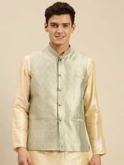 Sanwara - Mens Steel Green Printed Art Silk Ethnic Bandi Jacket