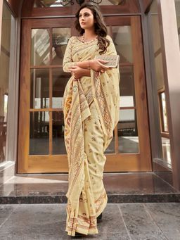 Sareemall - Women's Cotton Silk Beige Printed Designer Saree With Blouse Piece with Unstitched