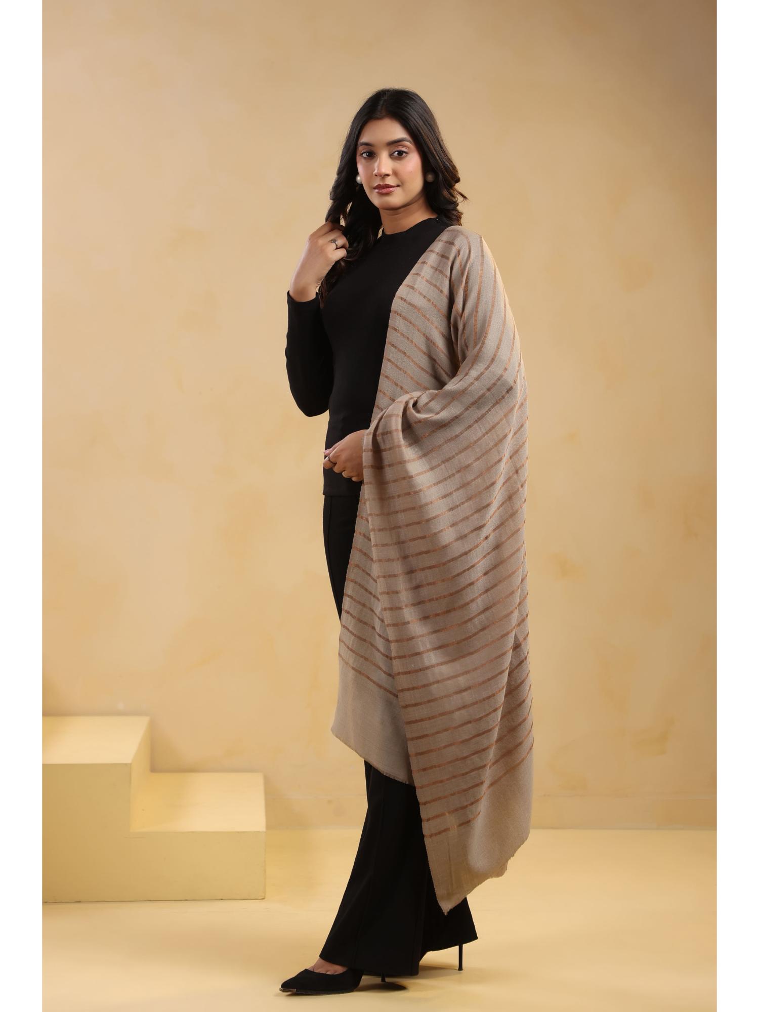 zamour Fine Wool Zari Stripes Stole - Beige-picture-18