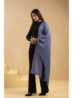 Zamour - Fine Wool Zari Stripes Stole - Blue