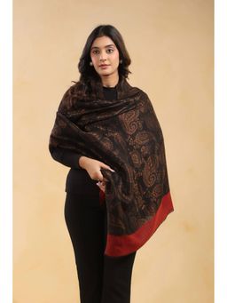 Zamour - Black Fine Wool Zari Stole with Red Border
